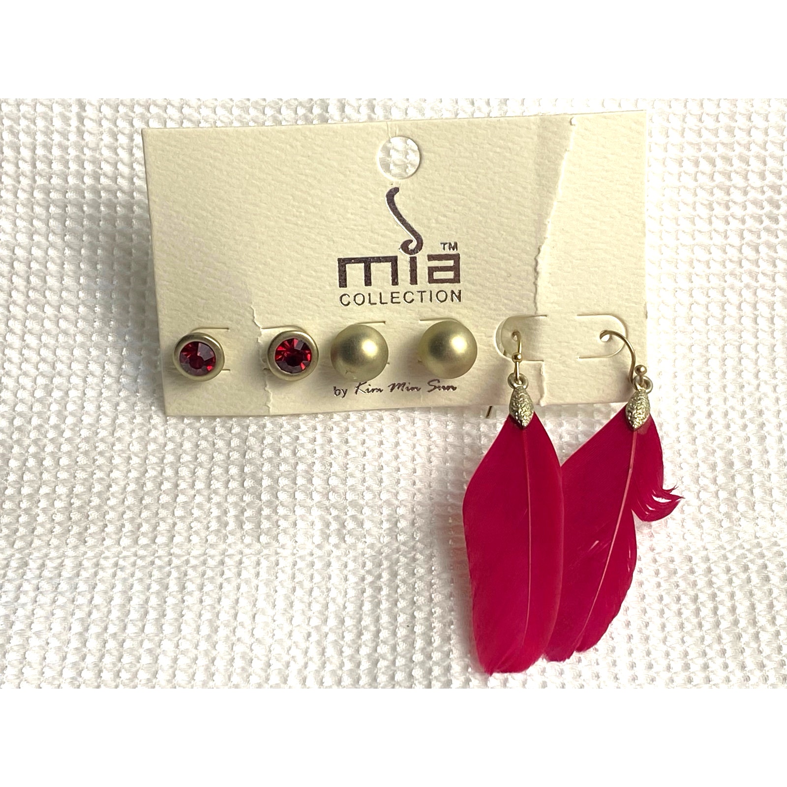 Mia Collection Set Of 3 Earrings Red Stone, Gold Ball And Feather Dangles